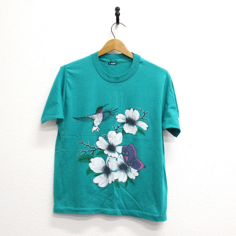 Vintage Humming Bird Butterfly Flowers T Shirt Large